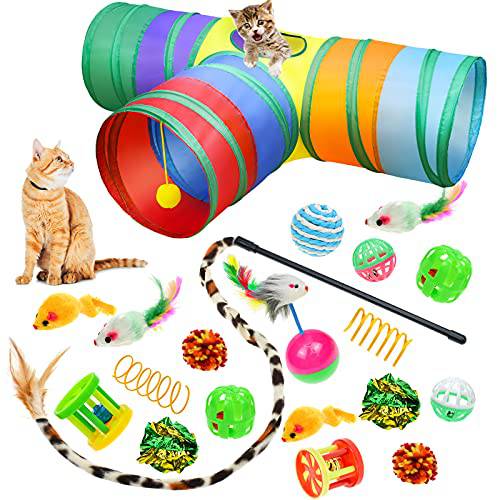 Malier 20 PCS 고양이 장난감 세트, 접이식,접을수있는 고양이 터널 실내 고양이, 체험형 고양이 페더 장난감 풍성한 마우스 Crinkle 볼 고양이 3 웨이 튜브 터널 장난감 고양이 강아지 Kitty Kitten