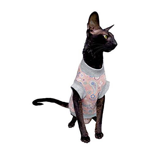 Kotomoda Hairless Cat’s 코튼 스트레치 T-Shirt 핑크 페이즐리 Sphynx 고양이