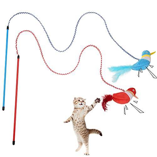 BINGPET 체험형 고양이 완드 페더 장난감, 2 Pcs 고양이 Teaser 장난감 새 모델, 삑삑이 and 캣닙 내부, Funny 운동 막대 캣닙 장난감 실내 Kitties