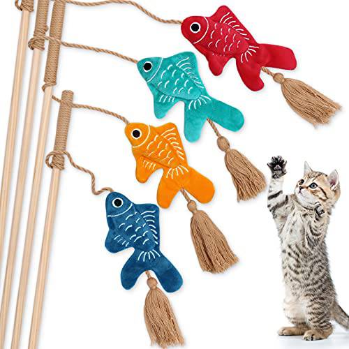 CiyvoLyeen Goldfishes 고양이 완드 캣닙 장난감 테슬 Kitten Fishes Teaser 치발기 Knickknack 체험형 낚싯대 베개,필로우,쿠션 Catmint 봉제 Kitty Plaything 선물 아이디어 세트 of 4