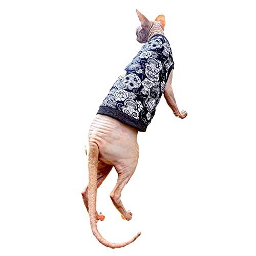 Kotomoda Hairless Cat’s 코튼 스트레치 T-Shirt 블랙 Sculls Sphynx 고양이 (M)