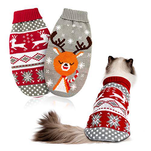 HYLYUN 고양이 크리스마스 스웨터 2 팩 - 강아지 크리스마스 스웨터 애완동물 순록 눈송이 스웨터 Kittys and 소형견