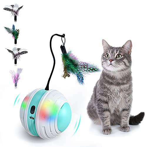 BraveKoi 체험형 고양이 볼 장난감 실내 고양이, 고양이 장난감 볼 깃털, 새 소리, 알람& LED 라이트, 자동 불규칙한 360°Self 회전 볼 고양이/ Kitty/ 새끼고양이/ 애완동물