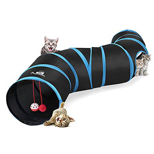 Pawaboo 고양이 장난감, 고양이 터널 튜브 S-Shaped 터널 확장가능 접이식,접을수있는 고양이 플레이 텐트 상호작용완구 미로 고양이 집 볼 and 벨 고양이 Kitten Kitty 토끼 스몰 동물, 블루