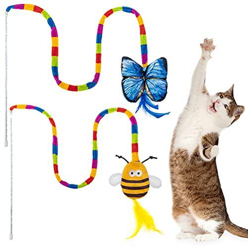 BINGPET 체험형 고양이 완드 장난감 실내 Kitties, 2 Pcs 고양이 페더 장난감 Teaser 막대 캣닙 장난감 버터플라이 and Bee 봉제 모델, Funny 삑삑이 장난감 Crinkle 용지,종이 내부