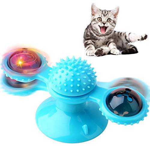Exboard Windmill 고양이 장난감, 턴테이블 체험형 고양이 장난감 석션 컵 브러쉬 고양이 톱니 클리닝 고양이스크래치,할퀴기,긁힘, 벽면 마운트 고양이 스피너 회전가능 장난감 볼 (블루)