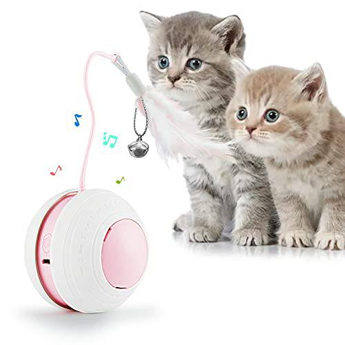 COPOL 고양이 장난감 실내 Cats，Interactive 고양이 페더 장난감 교체용 페더/ LED 라이트/ 새 Chirping，Electric USB 충전 자동 360°Self 회전 볼, 페더 장난감 Kitten (핑크)