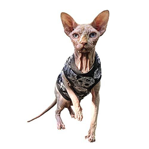 Kotomoda Hairless Cat’s 코튼 스트레치 T-Shirt 블랙 Sculls Sphynx 고양이 (Xs)