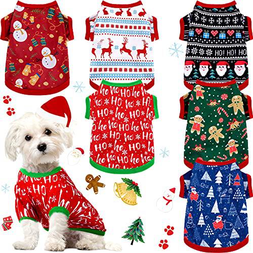 6 피스 크리스마스 강아지 옷 애완동물 셔츠 통기성 강아지 조끼,베스트 프린트 크리스마스 눈사람 순록 산타클로스 강아지 셔츠 소프트 차림새 개 and 고양이