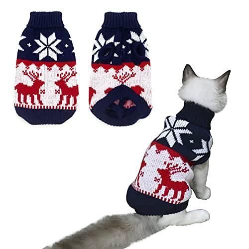 Vehomy 애완동물 강아지 크리스마스 스웨터 고양이 겨울 니트웨어 크리스마스 옷 네이비 블루 스웨터 Reindeers 설화 패턴 강아지 따뜻한 아가일 스웨터 코트 새끼고양이 소형견 고양이