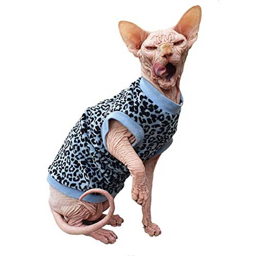 Kotomoda Hairless Cat’s 코튼 스트레치 T-Shirt 블루 호피 오가닉 벨루어 Sphynx 고양이
