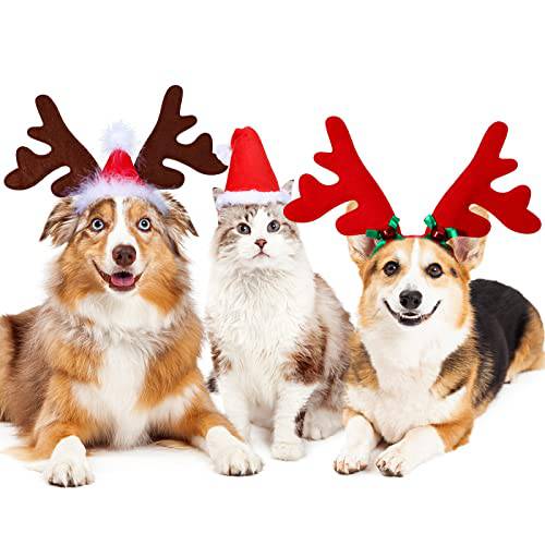 3 피스 강아지 고양이 크리스마스 헤드밴드 산타 모자, 조절가능 강아지 크리스마스 순록 Antlers 헤드밴드 애완동물 의상 악세사리 크리스마스 파티 포토 프롭