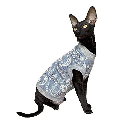 Kotomoda Hairless Cat’s 코튼 스트레치 T-Shirt 블루 페이즐리 Sphynx 고양이