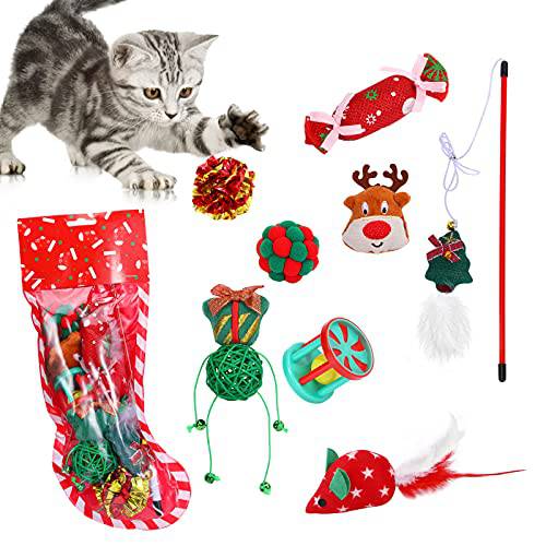 VavoPaw 크리스마스 망사 고양이 선물 세트, 8PCS X-mas 산타 망사 체험형 고양이 장난감  크리스마스트리, 고양이 Teaser 완드, 봉제 Rat 사슴 Yarn 롤링 용지,종이 볼 장난감 고양이 Kitten Kitty