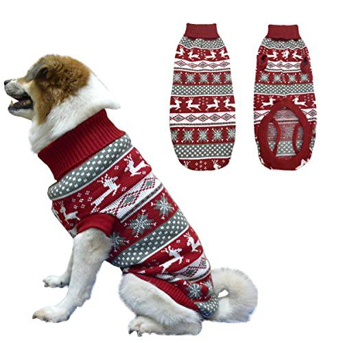 Vehomy 강아지 크리스마스 스웨터 크리스마스 애완동물 겨울 니트웨어 옷 클래식 따뜻한 터틀넥 스웨터 순록 눈송이 아가일 스웨터 차림새 미디엄 대형견