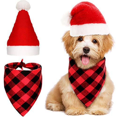 SATINIOR 2 피스 크리스마스 애완동물 악세사리 세트 포함 강아지 산타 모자 강아지 두건 플레이드 삼각대 스카프