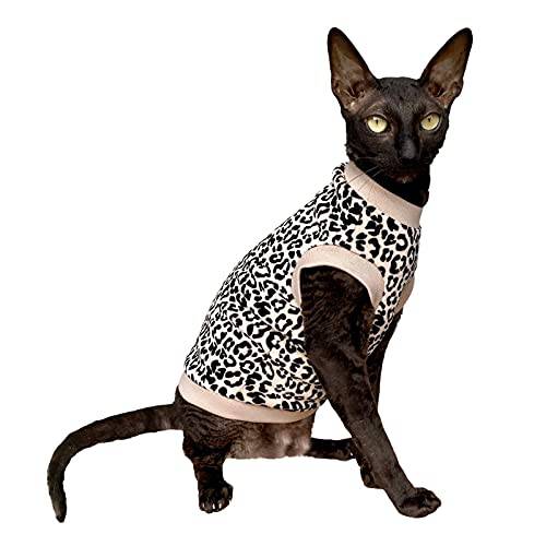 Kotomoda Hairless Cat’s 코튼 스트레치 T-Shirt 화이트 호피 오가닉 벨루어 Sphynx 고양이 (M)
