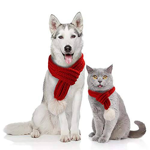 NACOCO 크리스마스 강아지 니트 스카프 화이트 Pompom 따뜻한 두건 겨울 홀리데이 애완동물 악세사리 고양이 스카프 스몰 미디엄 고양이 개 Lovely 겨울 의상