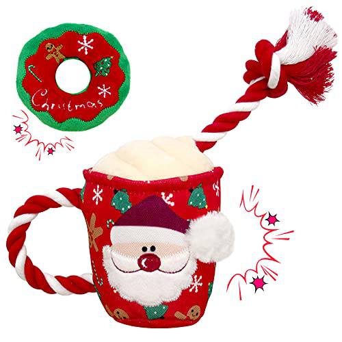 Lepawit 강아지 봉제 장난감 2Pack 크리스마스 강아지 삑삑이 장난감 체험형 봉제 강아지 로프 Tug of 워 장난감 스몰 미디엄 개, 귀여운 커피 컵&  도넛 디자인