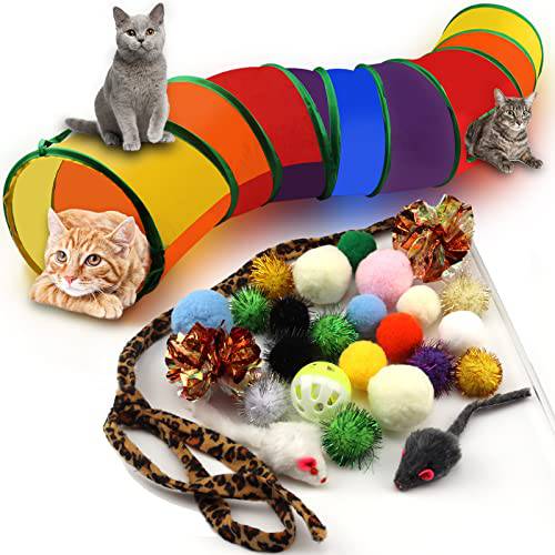 PietyPet 고양이 장난감 Kitten 캣닙토이S 다양한, 종류,여러가지,다양한 캣닙토이 세트, 체험형 페더 Teaser, 풍성한 마우스, Tumble 케이지 마우스, Crinkle 레인보우 볼 벨 장난감 강아지 Kitty, 2 웨이 터널