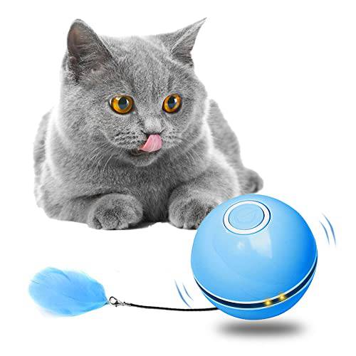 JOBEDE 스마트 체험형 고양이 장난감, 360 도 스피닝 고양이 볼 Led 라이트, USB 충전식 자동 볼 벨 and 페더 실내 고양이 Kitty (블루)