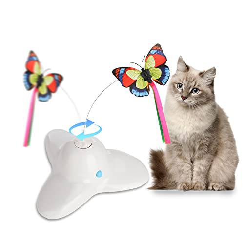 Godcone 체험형 고양이 장난감, 고양이 장난감 실내 Cats，Butterfly 고양이 장난감, Funny 운동 전기,전동 flutter, 체험형 회전 360 도 and 2 교체용 Kitten 장난감, 화이트/ 블루