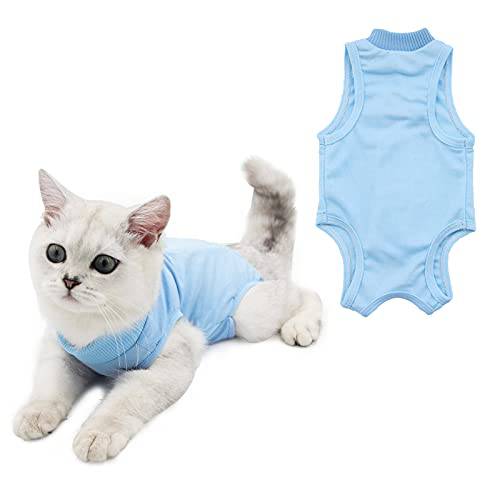 HACRAHO 고양이 복구 Suit, 1 피스 블루 소프트 코튼 고양이 Wound 수술 복구 Suit 통기성 E-Collar 대용 After 수술 웨어 고양이 Kitten