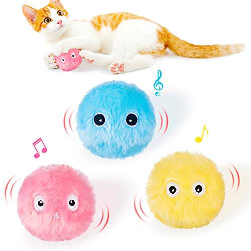 JXFUKAL 고양이 볼 장난감, 3PCS 카툰 Fuzzy 볼 살아있는것같은 동물 지저귐 사운드,  소프트&  경량, Kitty 씹는 Kicker 장난감 체험형 고양이 장난감 실내 고양이& Kitten 고양이 악세사리