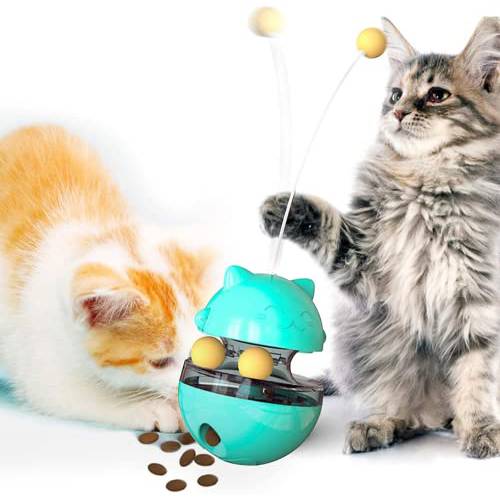 CLEEB-BOUG 고양이 체험형 음식분배기 장난감, 텀블러 고양이 장난감 볼 간식, 스낵 디스펜서 듀얼 롤링 볼&  탈착식 완드 Slow Feed 고양이 Kitty 강아지, 개 고양이 플레이 and 트레이닝