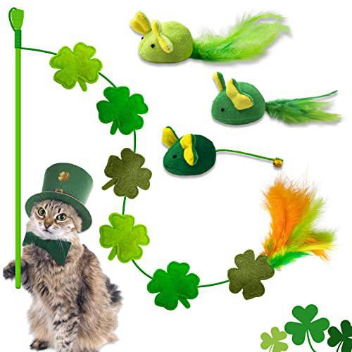 Lepawit 4 팩 St. Patrick’s Day 고양이 장난감, Four 리프 클로버 고양이 완드 장난감 페더, 고양이 마우스 장난감 페더 캣닙 벨 and Crinkle, St Patrick’s Day 선물 고양이 and Kitten