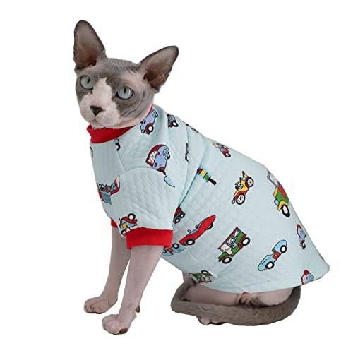 Sphynx 고양이 옷 따뜻한 자동차 트레인 패턴 후디 Hairless 고양이 셔츠 고양이 스웨터 풀오버 Kitten T-Shirts 커버 고양이 잠옷 점프수트 (X-Large, Cartton 자동차)