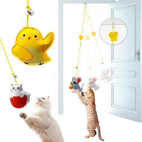 3 팩 고양이 캣닙 장난감 실내 고양이, 펠트 마우스 체험형 고양이 Teaser 장난감, 걸수있는 스트링 고양이 장난감, 도어 걸수있는 고양이 장난감 실내 고양이 Kitty 플레이 Chase 운동, 마우스/ Chick/ Cat(Felt 캣닙)