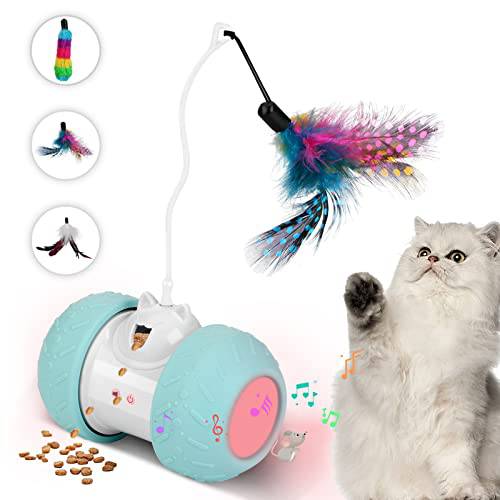 Contanbor 체험형 고양이 장난감 실내 고양이, 애완동물 운동 장난감, 고양이 페더 장난감 마우스 사운드 and 3 깃털, 2 스피드 3 모드/ LED 라이트/ USB 충전/ 360° 롤링 자동 이사 Kitten 장난감