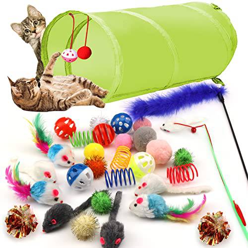 PietyPet 31 팩 고양이 장난감 버라이어티팩 Kitty, 2 웨이 터널, 고양이 페더 Teaser, 고양이 볼 벨, 고양이 마우스 장난감, 고양이 Crinkle 볼, 캣닙 장난감 실내 고양이, 새끼고양이 장난감