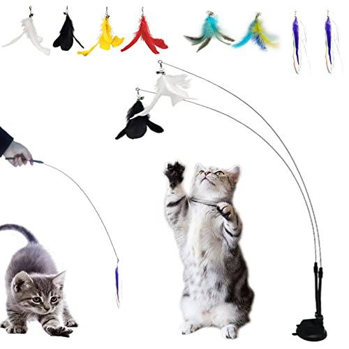 Holicoo 고양이 완드 장난감, 업그레이드된 Double-Headed 파워풀 붙여서쓰는 석션 컵 체험형 고양이 장난감, 8 탈착식 교체용 페더 머리,헤드 벨, 2 완드 고양이 실내 게임 or 운동
