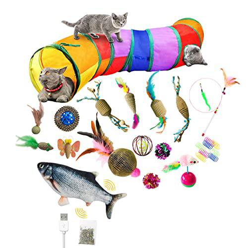 고양이 장난감 접이식,접을수있는 고양이 터널 실내 고양이, Electirc 피쉬, 체험형 고양이 페더 장난감 풍성한 마우스 Crinkle Balls，Spring and 벨 캣닙 Toy(Rainbow)