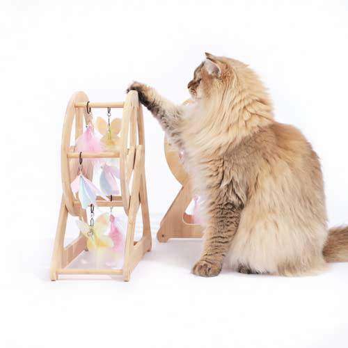 SHENGOCASE 고양이 장난감, 체험형 페더 고양이 장난감, 내츄럴 대나무 Ferry 휠 고양이 장난감, 귀여운 나무 고양이 장난감
