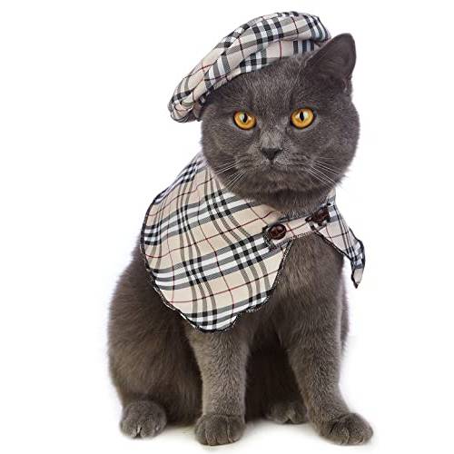 Impoosy 고양이 Detective 할로윈 귀여운 플레이드 애완동물 옷 클래식 모자 Kitten 코스프레 셔츠 Cope 고양이 의상 (M)