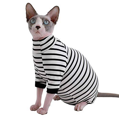 Sphynx Hairless 고양이 Four 다리 통기성 섬머 레이온 잠옷 탄력 애완동물 옷 고양이 수술 복구 Suit 조끼,베스트 Kitten T-Shirts 고양이&  소형견 Apparel (XL (12-14.3 LBS), 줄무늬)