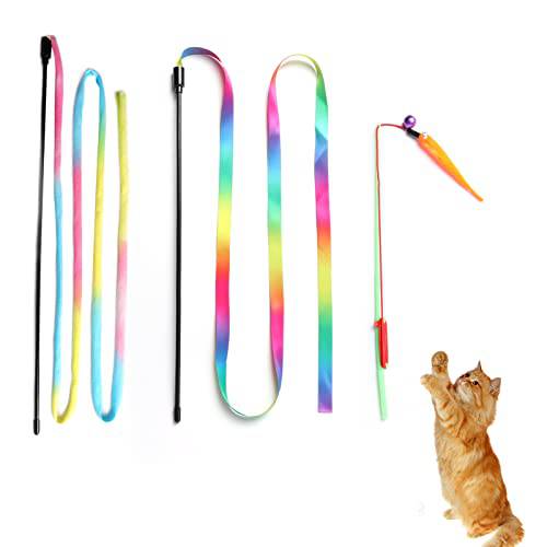 Yvnicll 체험형 고양이 완드 장난감, 체험형 고양이 레인보우 완드 장난감, 고양이 완드 장난감 Worms, Colorful 리본 Charmer Kitten (3 Pcs)
