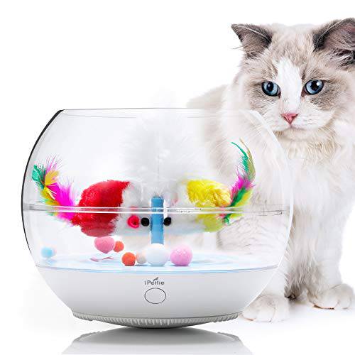 iPettie 피쉬 체이서 체험형 고양이 장난감, 피쉬 Bowl-Shaped 텀블러 애완동물 장난감 자동 수영 페더 피쉬, Ultra-Quiet, Kitten 실내 셀프 플레이 Enrichment