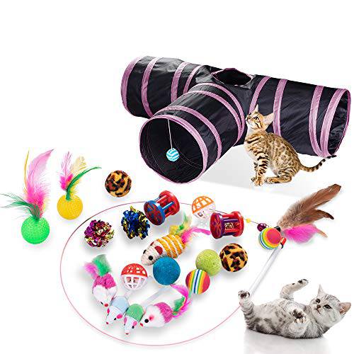 Dono 21Pcs 고양이 페더 Toys-Kitten 체험형 애완동물 장난감 모음 (2 or 3 웨이 홀 터널) 고양이 페더 완드 Fun 볼 치발기 스틱,막대, 풍성한 마우스, 페이크 마우스, Crinkle 볼, 벨 플레이 도구