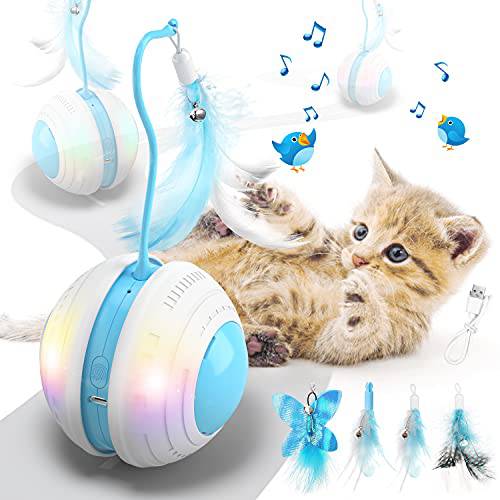 체험형 고양이 볼 장난감 새 사운드, Led 라이트, 탈착식 보호 러버 쉘, USB 충전, 자동 360° 롤링, 2 깃털&  벨, 로봇식 고양이 이사 장난감 실내 고양이