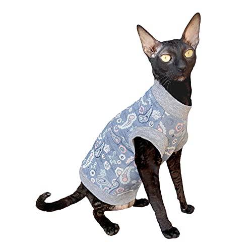 Kotomoda Hairless Cat’s 코튼 스트레치 T-Shirt 블루 페이즐리 Sphynx 고양이 (스몰)