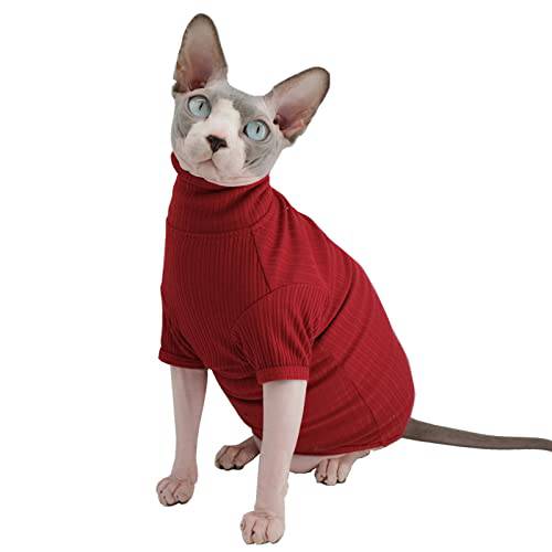 Sphynx Hairless 고양이 셔츠 코튼 고양이 터틀넥 스웨터 풀오버 Kitten T-Shirts 커버 고양이 잠옷 점프수트 Sphynx Cornish Rex, 데본 Rex, Peterbald (스몰 (팩 of 1), 와인)