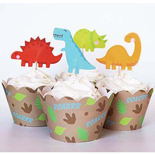 24 Dinosaur Cupcake Toppers + 24 Wrappers - Red Fox Tail