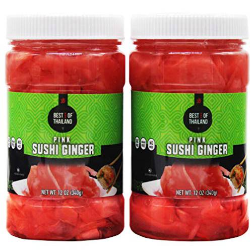 Best of Thailand Japanese Pink Pickled Sushi Ginger | Fresh Sliced Young Gari Ginger in All Natural, Sweet Pickling Brine with Color | Fat Free, Sugar Free, No MSG, Certified Kosher | 2 Jars of 12oz