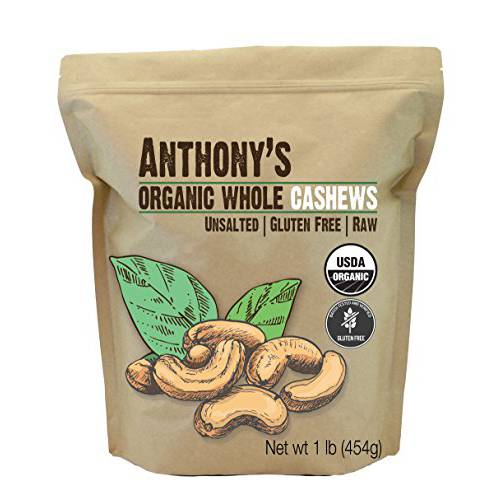 Anthony’s Organic Whole Cashews, 1 lb, Raw, Unsalted & Gluten Free