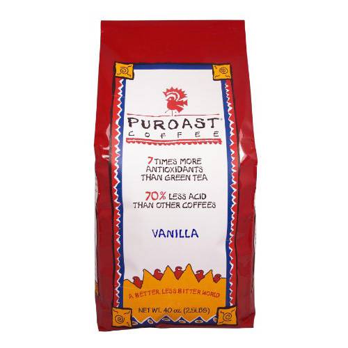 Puroast Low Acid Whole Bean Coffee, Bold Vanilla Flavor, High Antioxidant, 2.2 Pound Bag