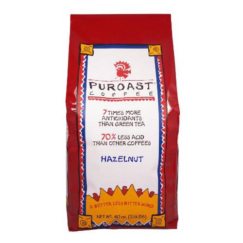 Puroast Low Acid Whole Bean Coffee, Premium Hazelnut Flavor, High Antioxidant 2.2 Pound Bag, 1000g